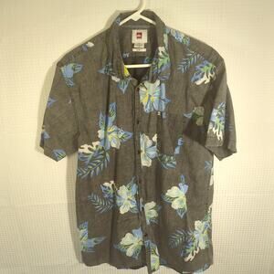 Quiksilver XXL Slim Fit Hawaiian Shirt Mens Short Sleeve Gray Blue Floral Casual